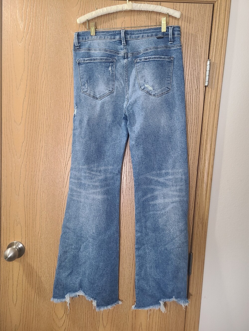 Risen Jeans High Waist Distressed Medium Wash Frayed Hem Flare Jeans - Picture 2 of 3